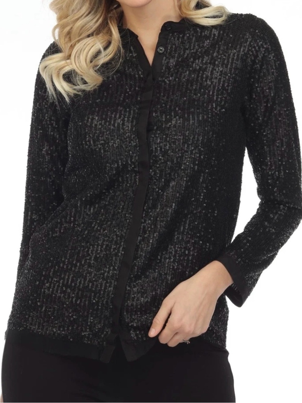 Johnny Was Grace Black Sequin Button Front L/S Top Boho Blouse NWT Sz M